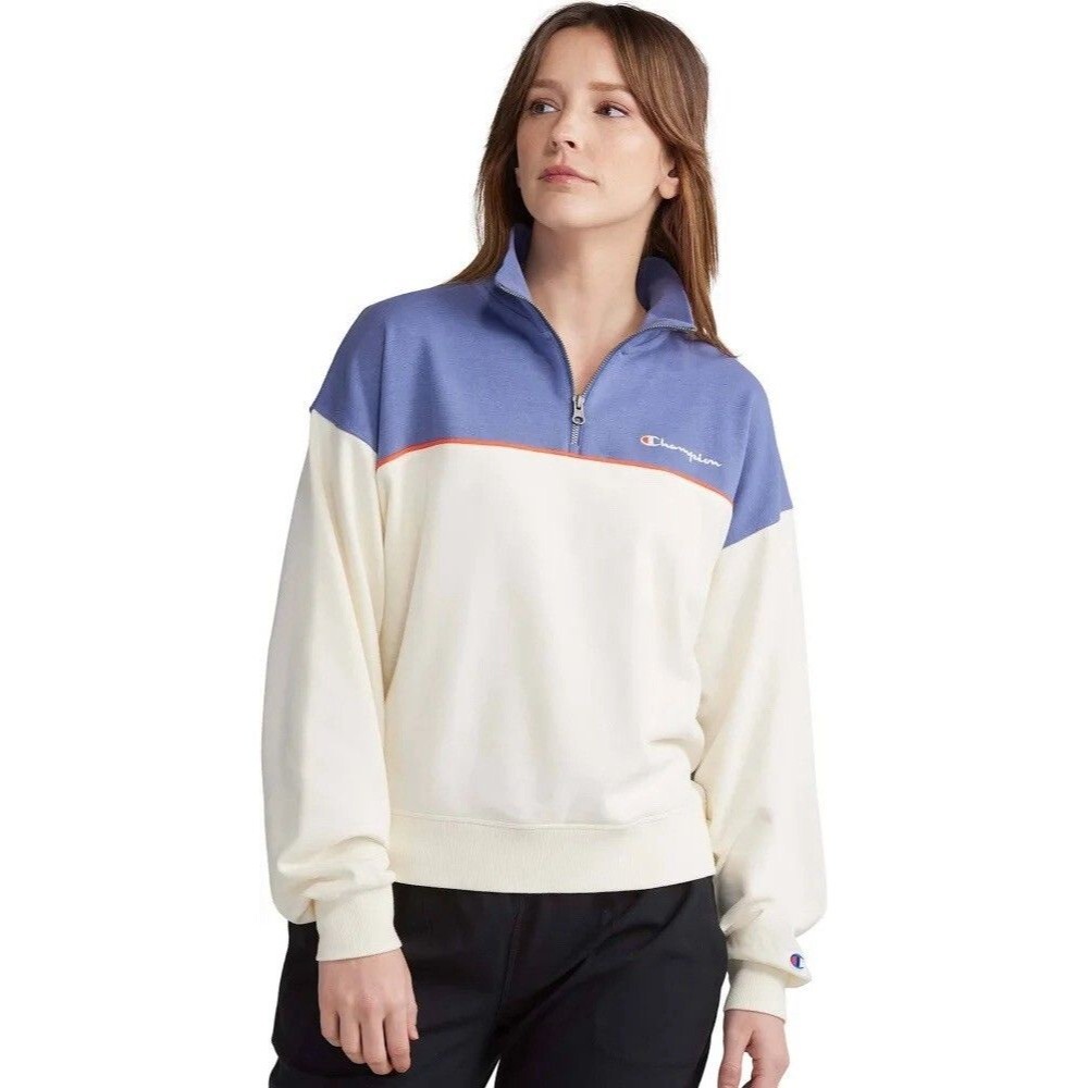 Champion Campus French Terry 1/2 Zip Mock Neck Sweatshirt Blue Cream M Retro